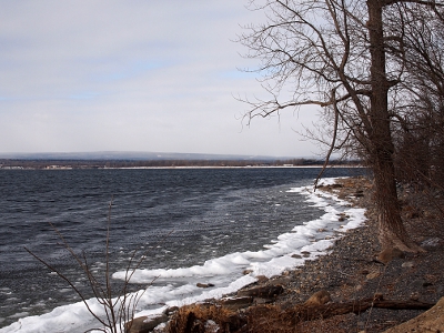 [Very dark blue water with bright, white ice at the shoreline on the right side. Some trees also ring the shoreline.]